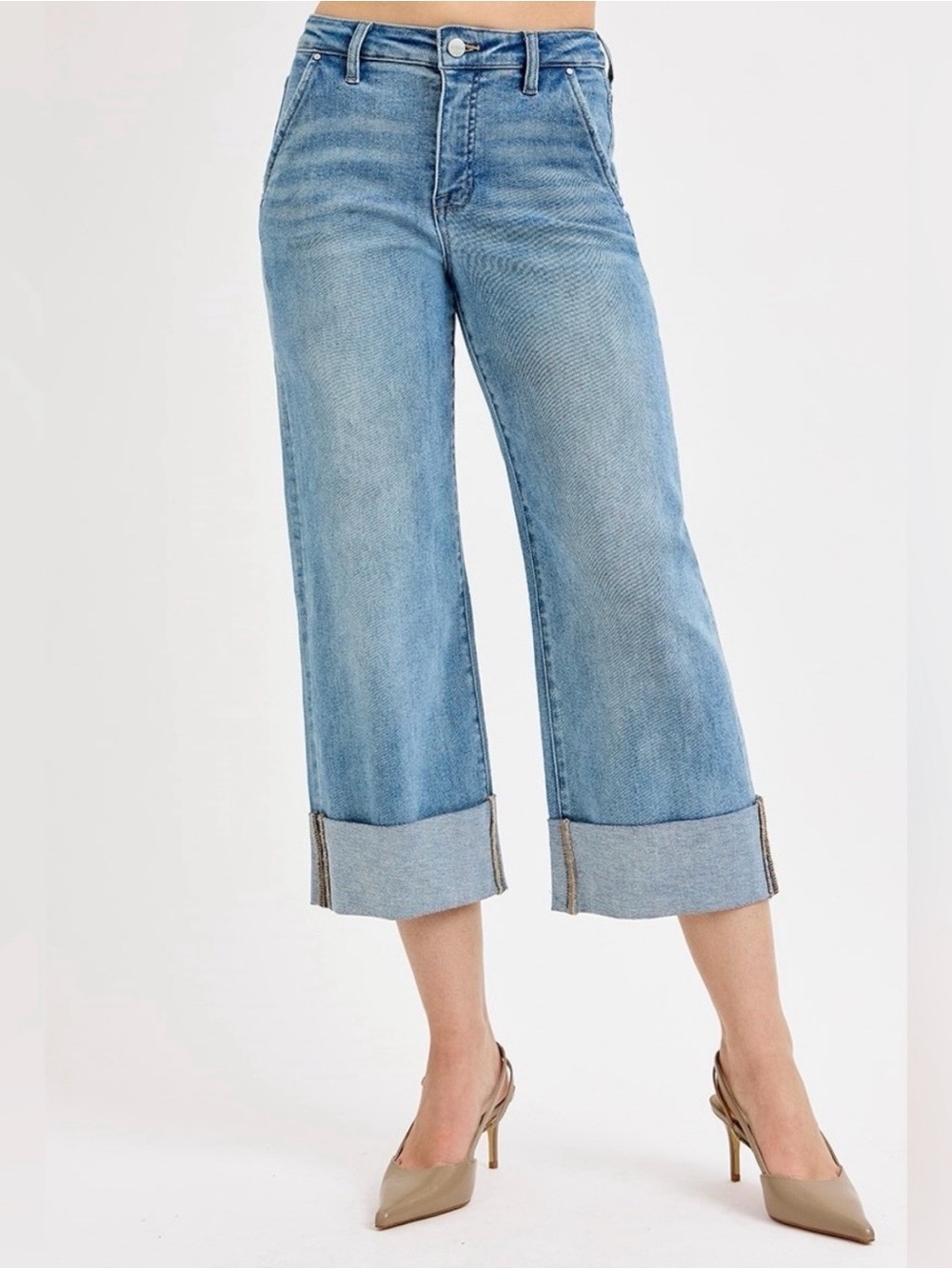RISEN Tummy Control High Rise Ankle Wide Cuffed Jeans